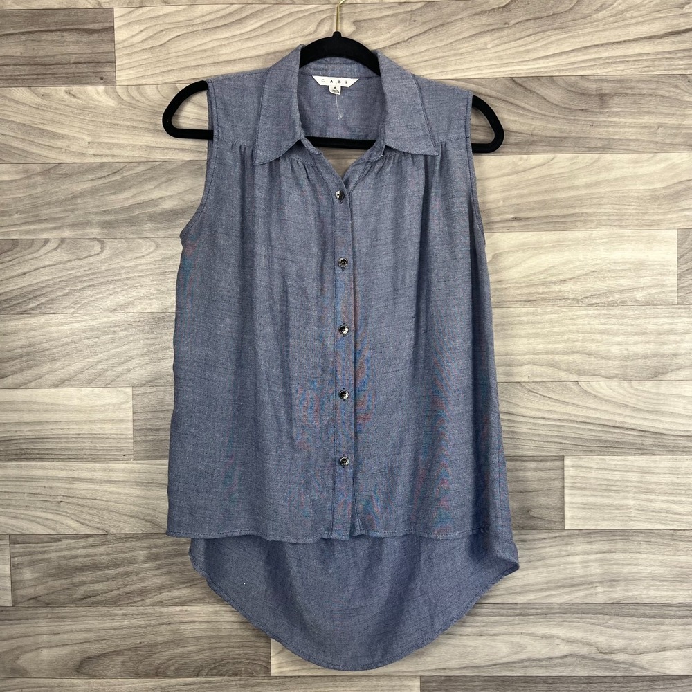 CAbi Hi-Low Top Women's Small‎ Blue Chambray Collared Sleeveless Back Cut-Out